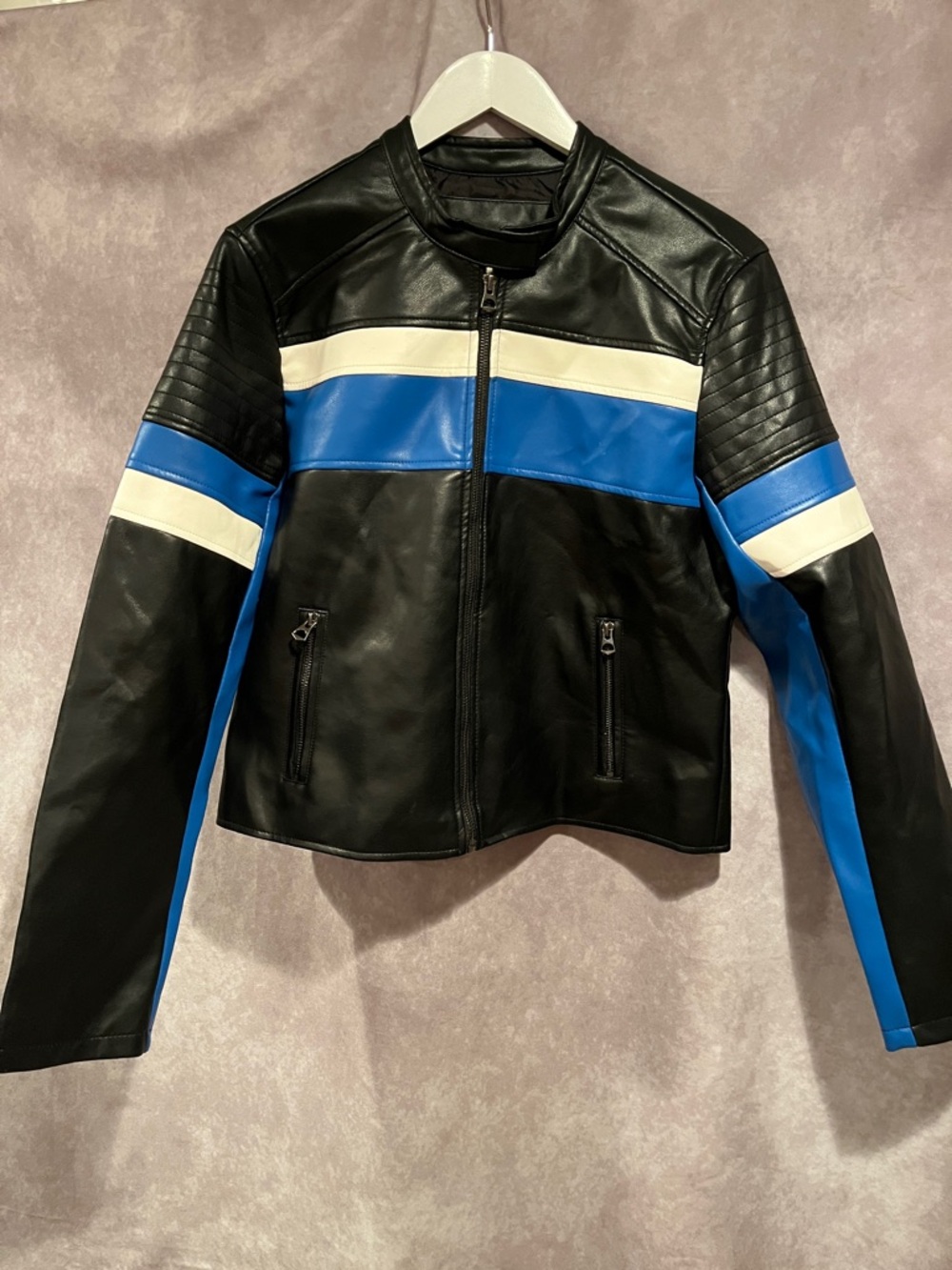 Ashley By 26 International Black Moto Jacket Vegan Leather Striped sz large